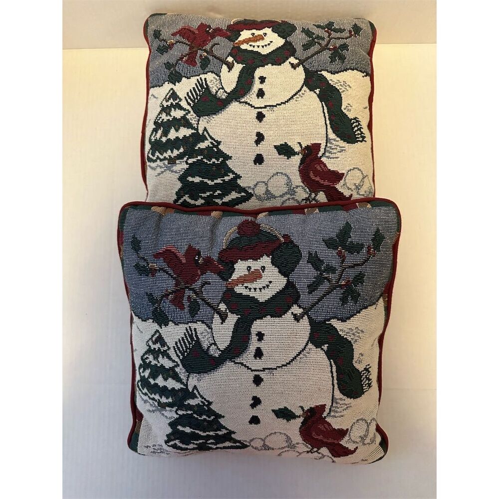 Festive Snowman Cardinal Tapestry Throw Pillow Set Holiday Decor